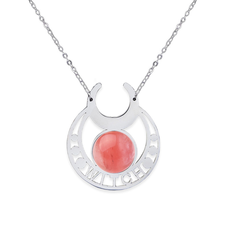 Stainless Steel Moon Necklace Natural Gemstone Cabs Pendant With 50CM Chain