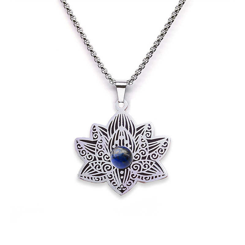 Stainless Steel Lotus Necklace Natural Gemstone Cabs Pendant With 50CM Chain
