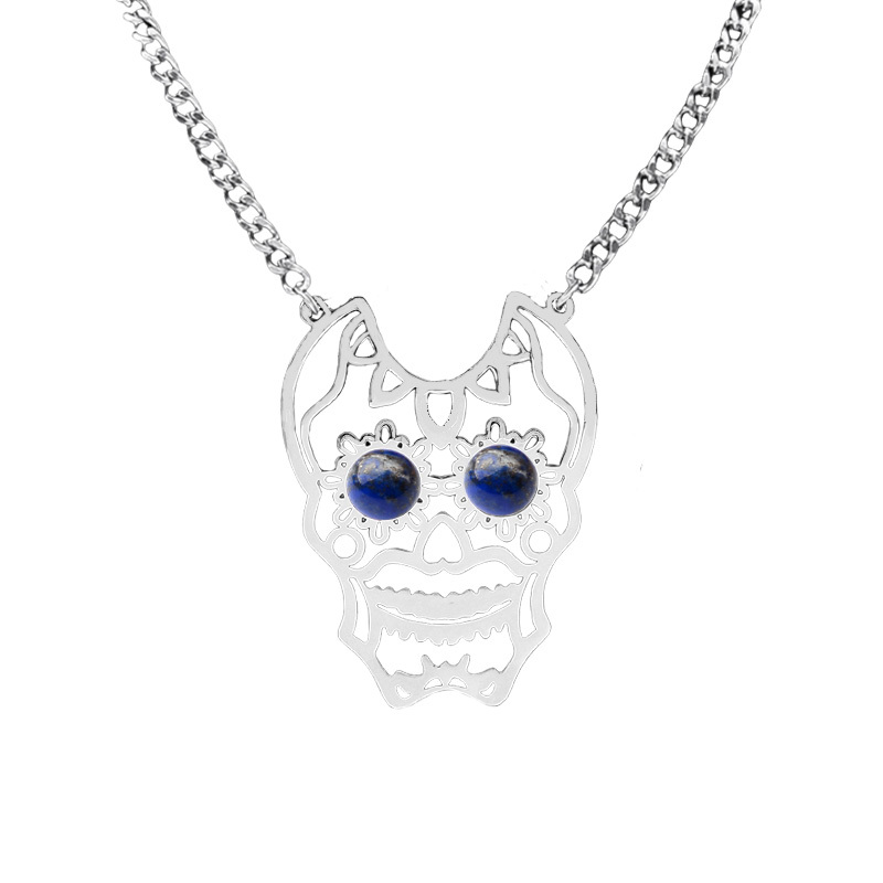 Stainless Steel Hollow Skull Necklace Natural Gemstone Cabs Pendant With 50CM Chain