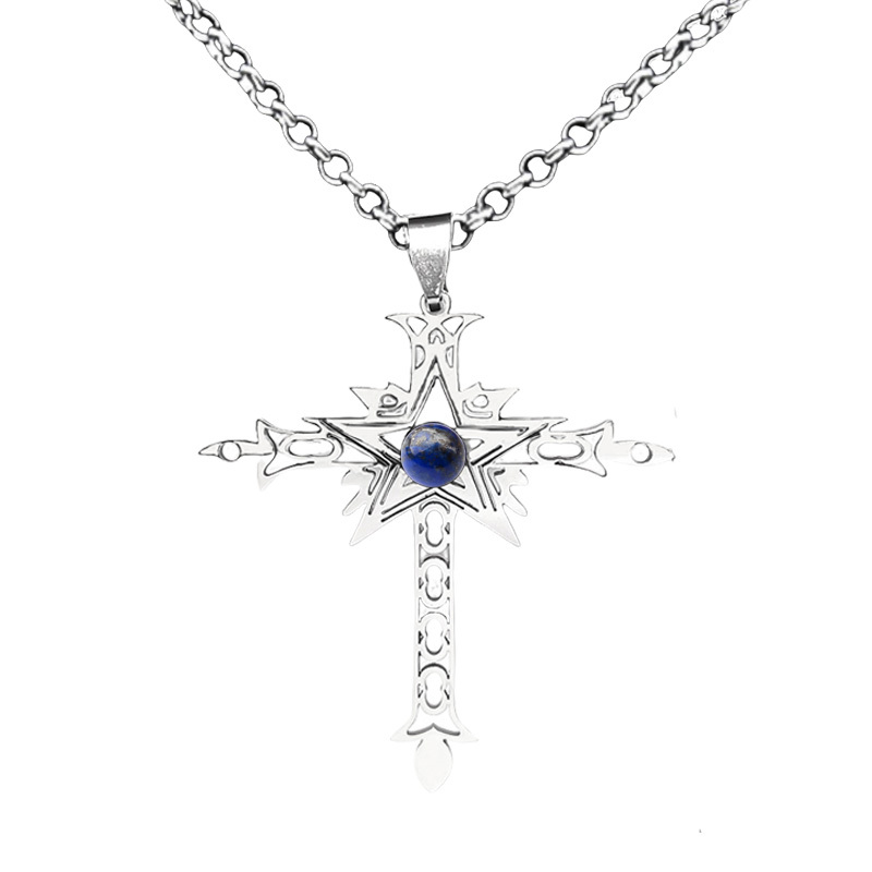 Stainless Steel Cross Necklace Natural Gemstone Cabs Pendant With 50CM Chain
