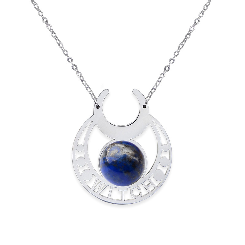 Stainless Steel Moon Necklace Natural Gemstone Cabs Pendant With 50CM Chain