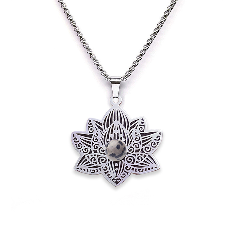 Stainless Steel Lotus Necklace Natural Gemstone Cabs Pendant With 50CM Chain