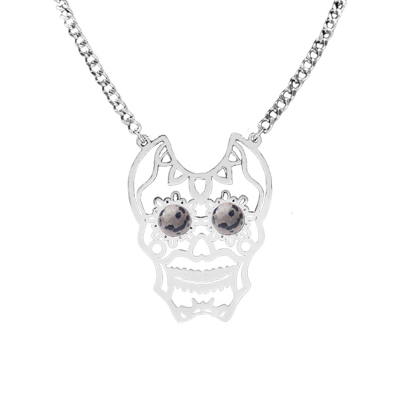 Stainless Steel Hollow Skull Necklace Natural Gemstone Cabs Pendant With 50CM Chain