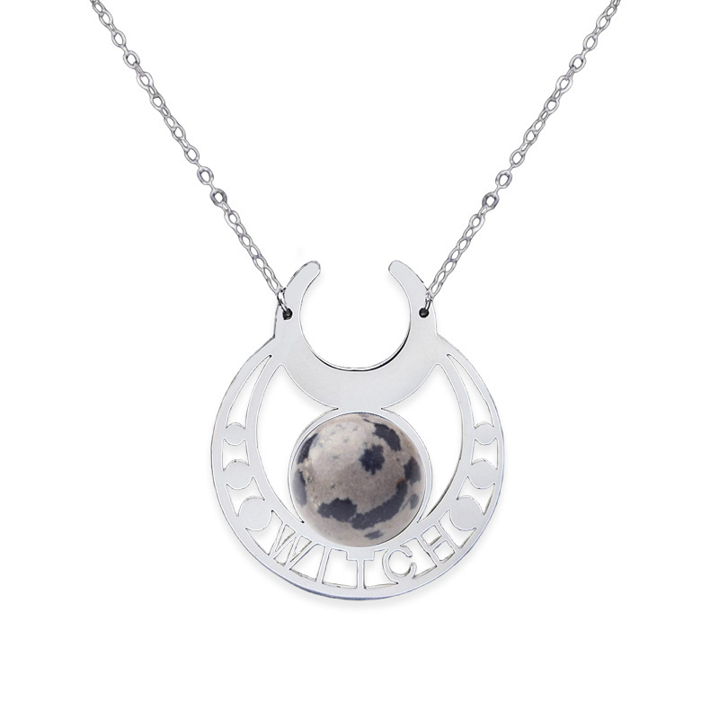 Stainless Steel Moon Necklace Natural Gemstone Cabs Pendant With 50CM Chain