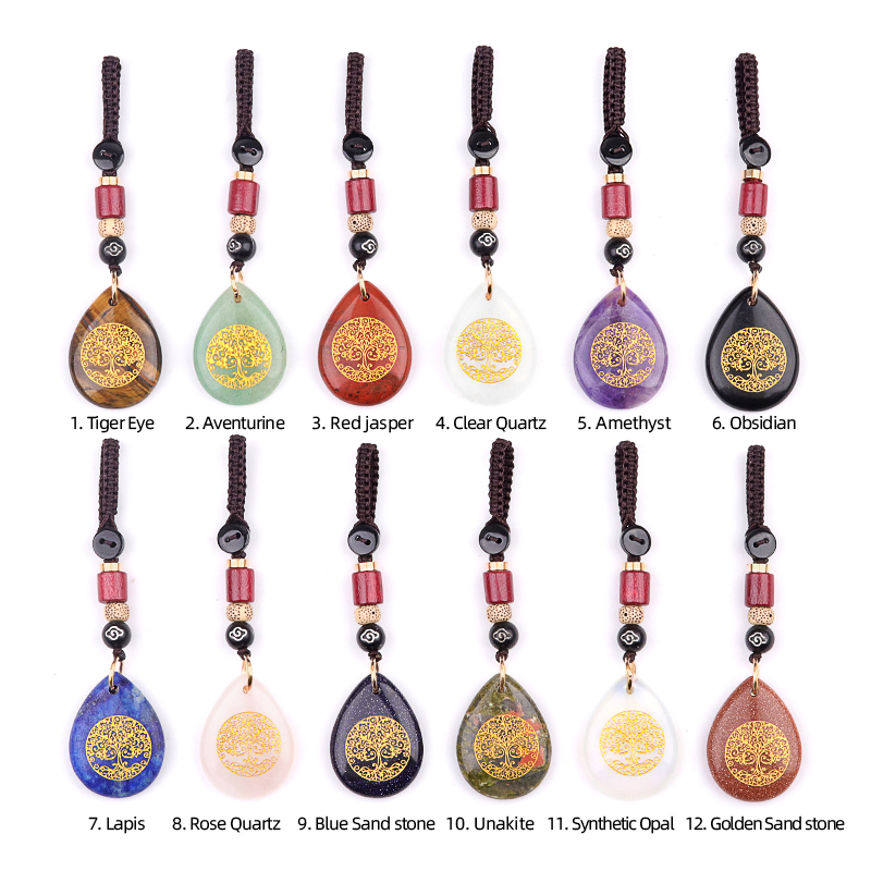 Gold Life of Tree Teardrop Gemstone Pendant keychain Accessories
