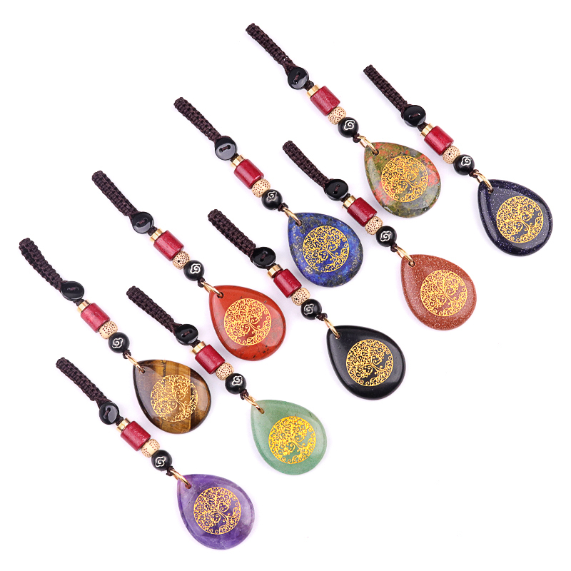 Gold Life of Tree Teardrop Gemstone Pendant keychain Accessories
