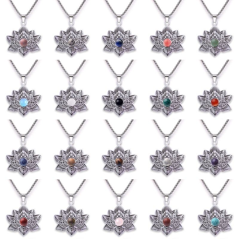 Stainless Steel Lotus Necklace Natural Gemstone Cabs Pendant With 50CM Chain
