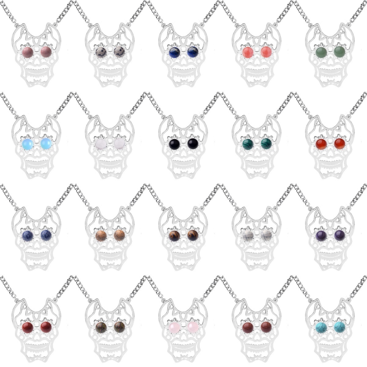 Stainless Steel Hollow Skull Necklace Natural Gemstone Cabs Pendant With 50CM Chain
