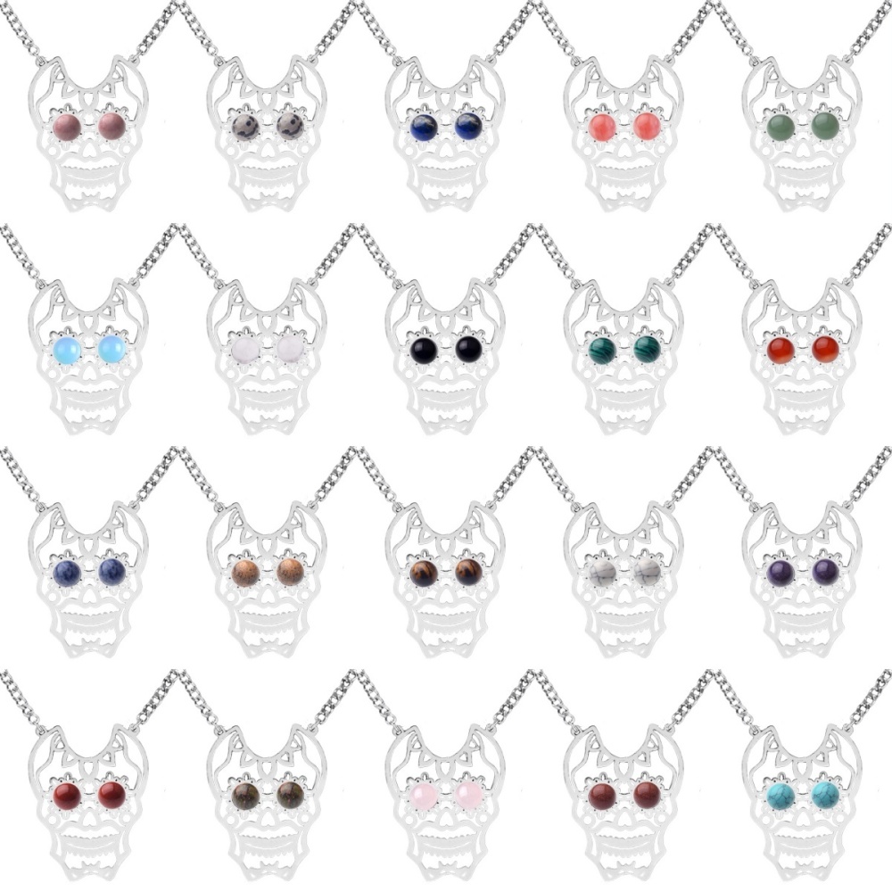 Stainless Steel Hollow Skull Necklace Natural Gemstone Cabs Pendant With 50CM Chain