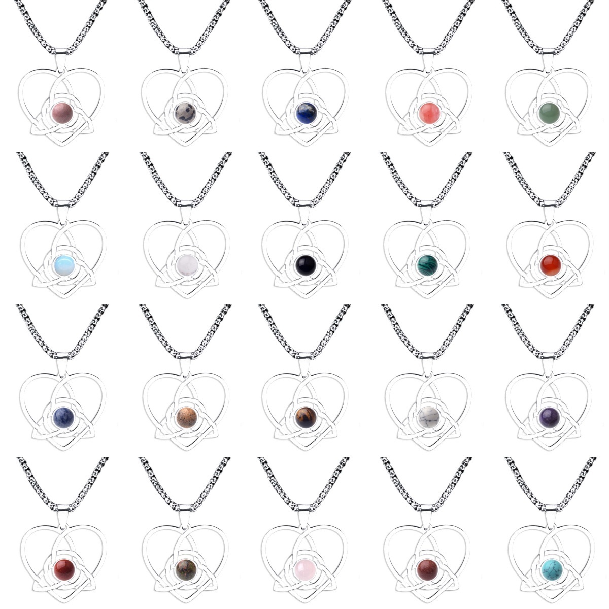Stainless Steel Heart Necklace Natural Gemstone Cabs Pendant With 50CM Chain