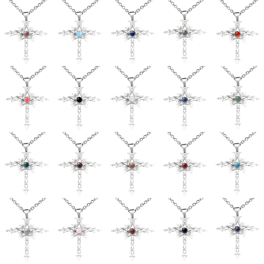 Stainless Steel Cross Necklace Natural Gemstone Cabs Pendant With 50CM Chain