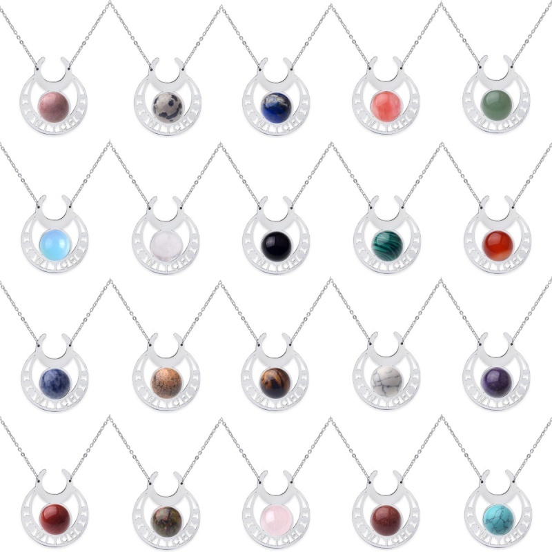 Stainless Steel Moon Necklace Natural Gemstone Cabs Pendant With 50CM Chain