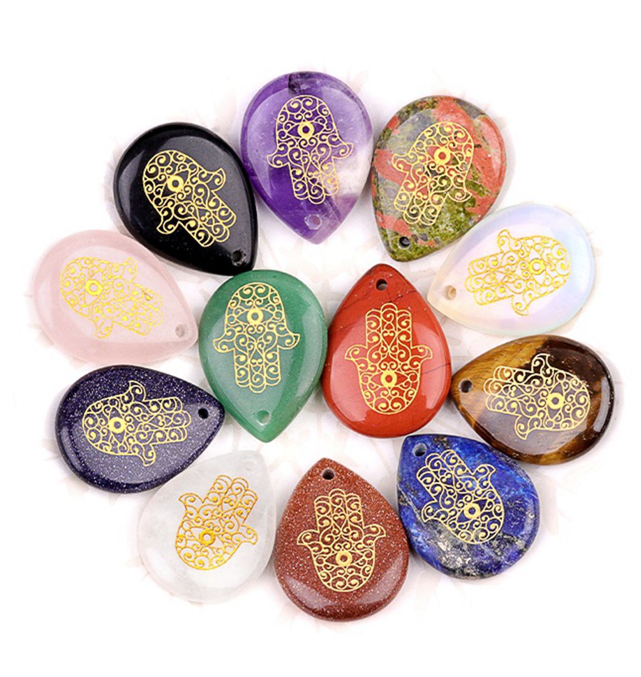 Gold Fatima Hand Teardrop Gemstone Pendant for Making Jewelry