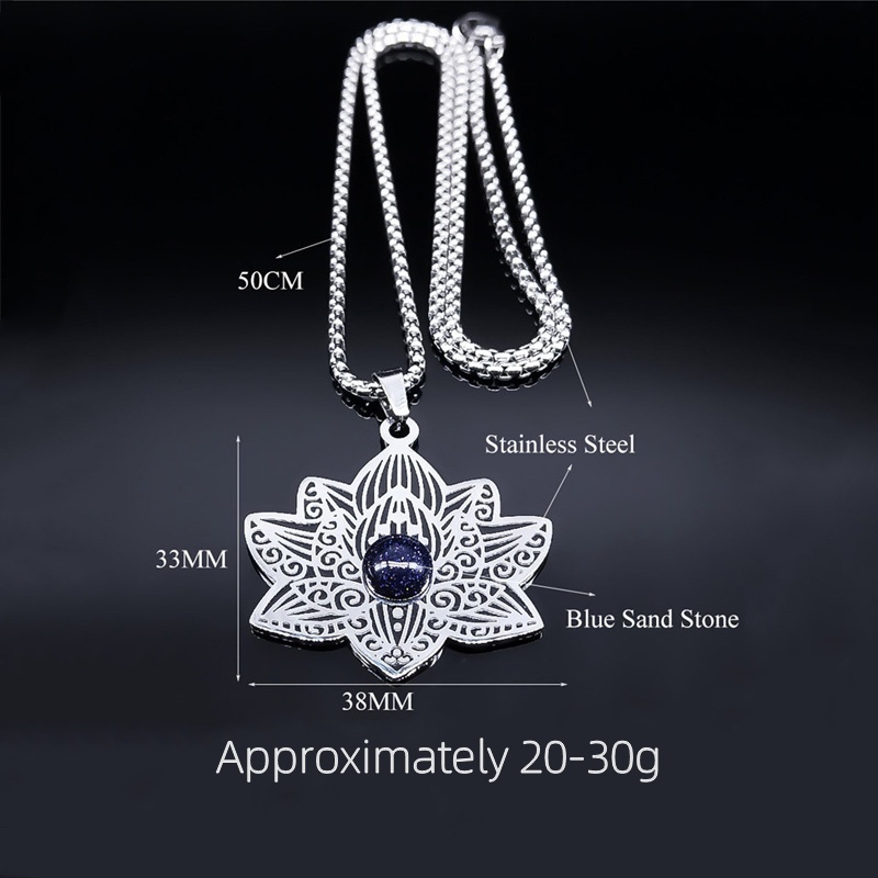 Stainless Steel Lotus Necklace Natural Gemstone Cabs Pendant With 50CM Chain