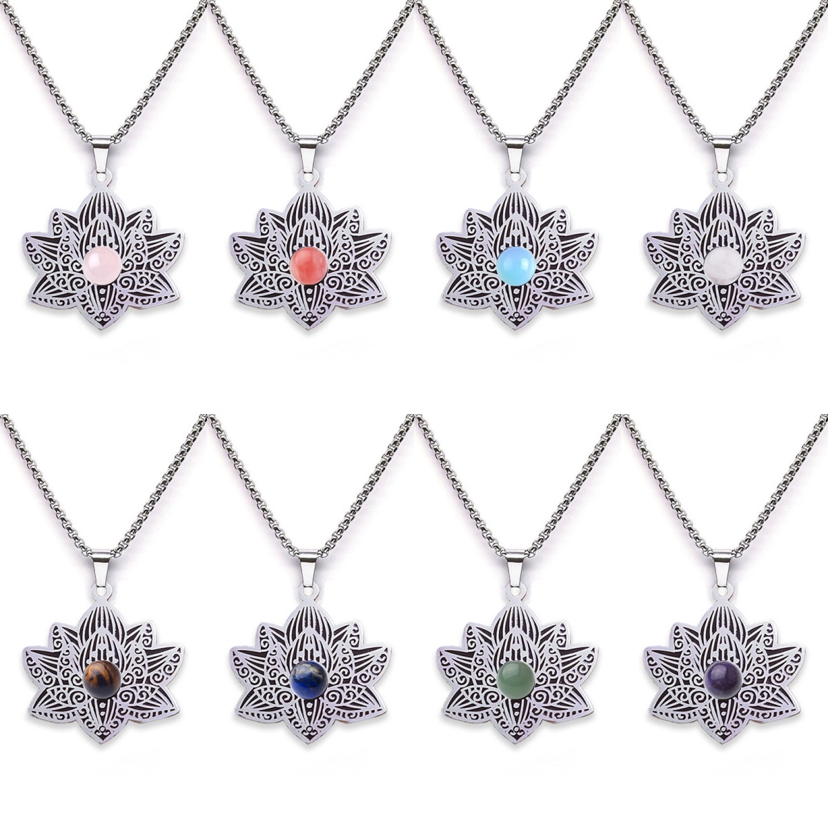 Stainless Steel Lotus Necklace Natural Gemstone Cabs Pendant With 50CM Chain