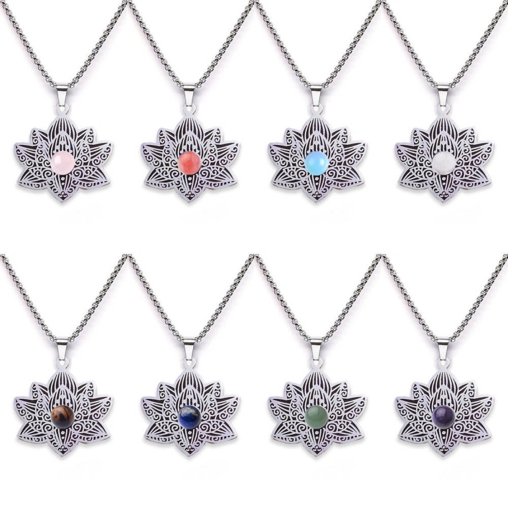 Stainless Steel Lotus Necklace Natural Gemstone Cabs Pendant With 50CM Chain