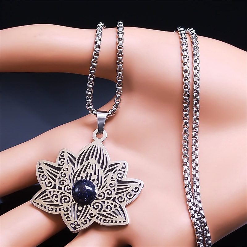 Stainless Steel Lotus Necklace Natural Gemstone Cabs Pendant With 50CM Chain
