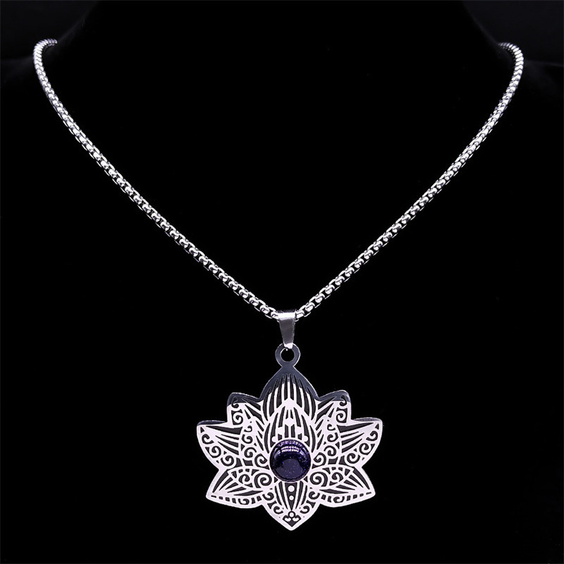 Stainless Steel Lotus Necklace Natural Gemstone Cabs Pendant With 50CM Chain