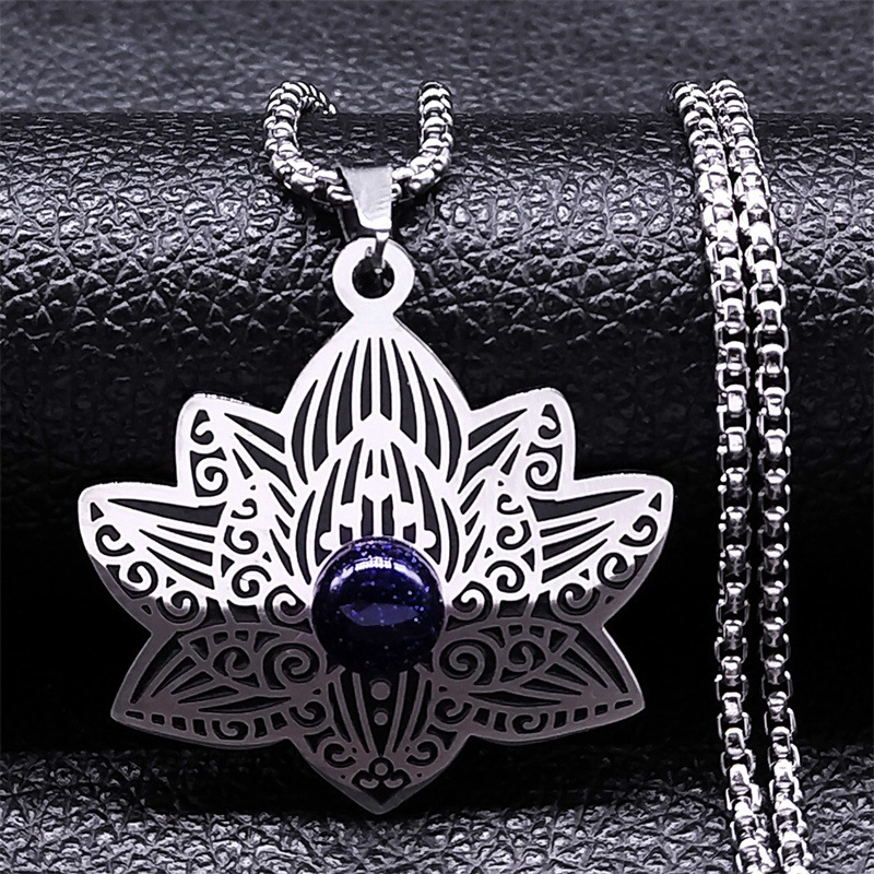 Stainless Steel Lotus Necklace Natural Gemstone Cabs Pendant With 50CM Chain