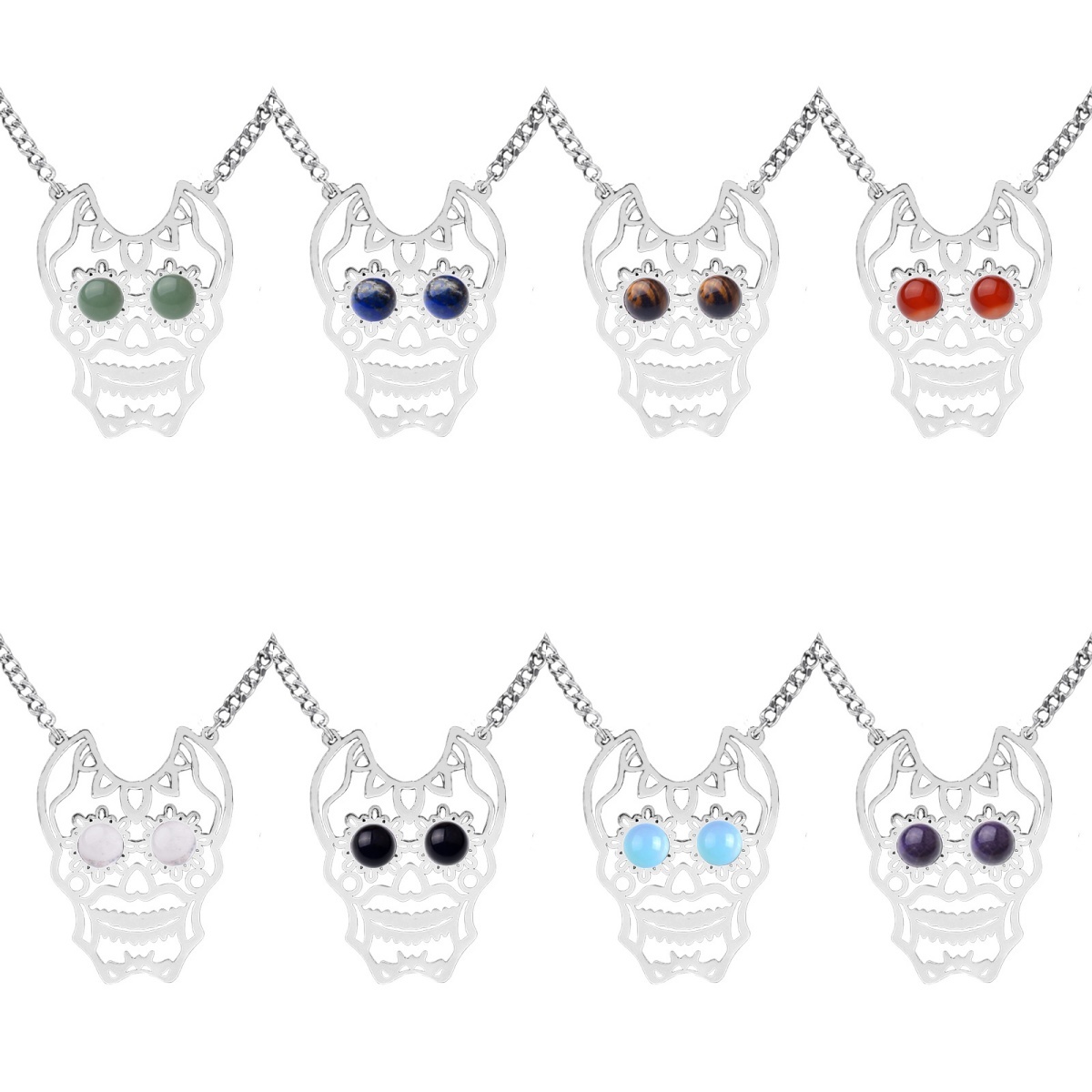 Stainless Steel Hollow Skull Necklace Natural Gemstone Cabs Pendant With 50CM Chain