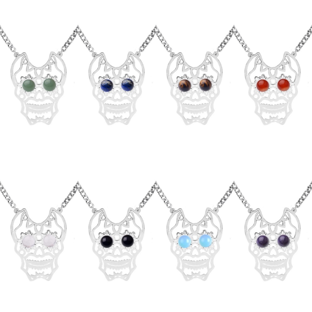 Stainless Steel Hollow Skull Necklace Natural Gemstone Cabs Pendant With 50CM Chain