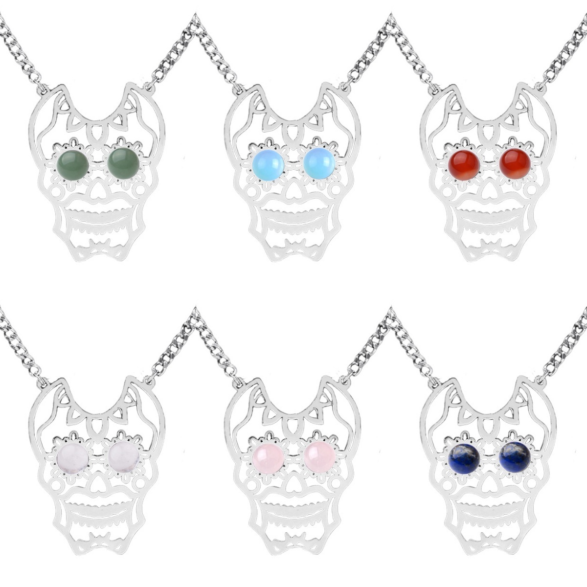 Stainless Steel Hollow Skull Necklace Natural Gemstone Cabs Pendant With 50CM Chain