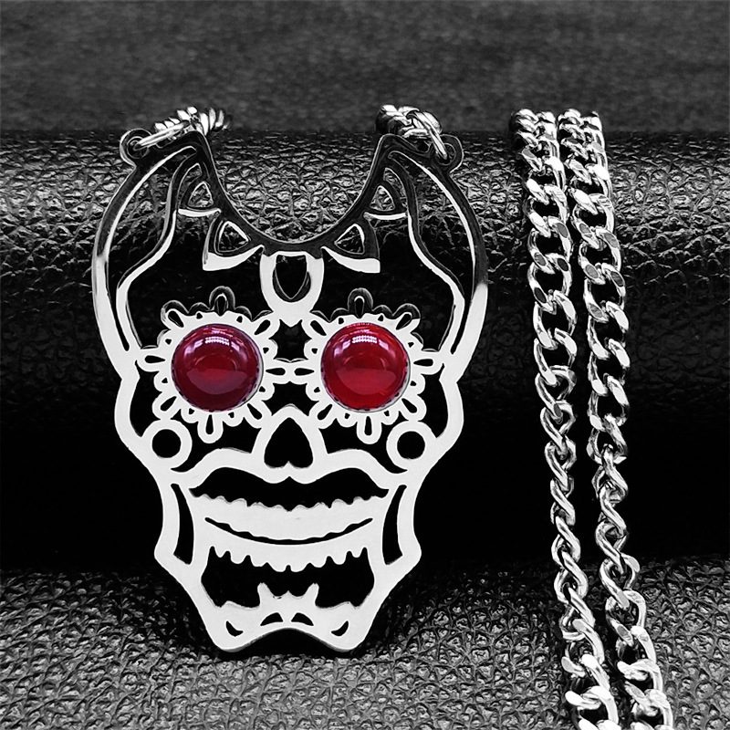 Stainless Steel Hollow Skull Necklace Natural Gemstone Cabs Pendant With 50CM Chain