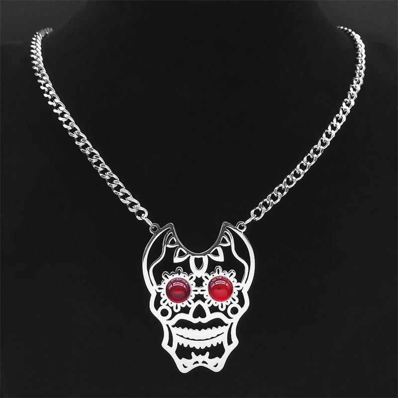 Stainless Steel Hollow Skull Necklace Natural Gemstone Cabs Pendant With 50CM Chain