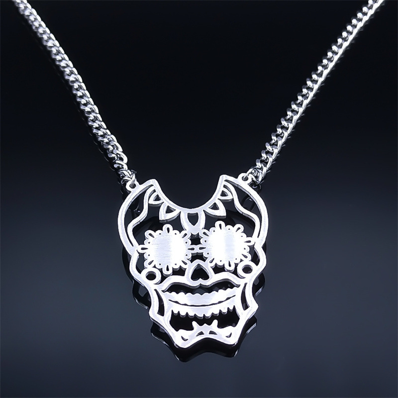 Stainless Steel Hollow Skull Necklace Natural Gemstone Cabs Pendant With 50CM Chain