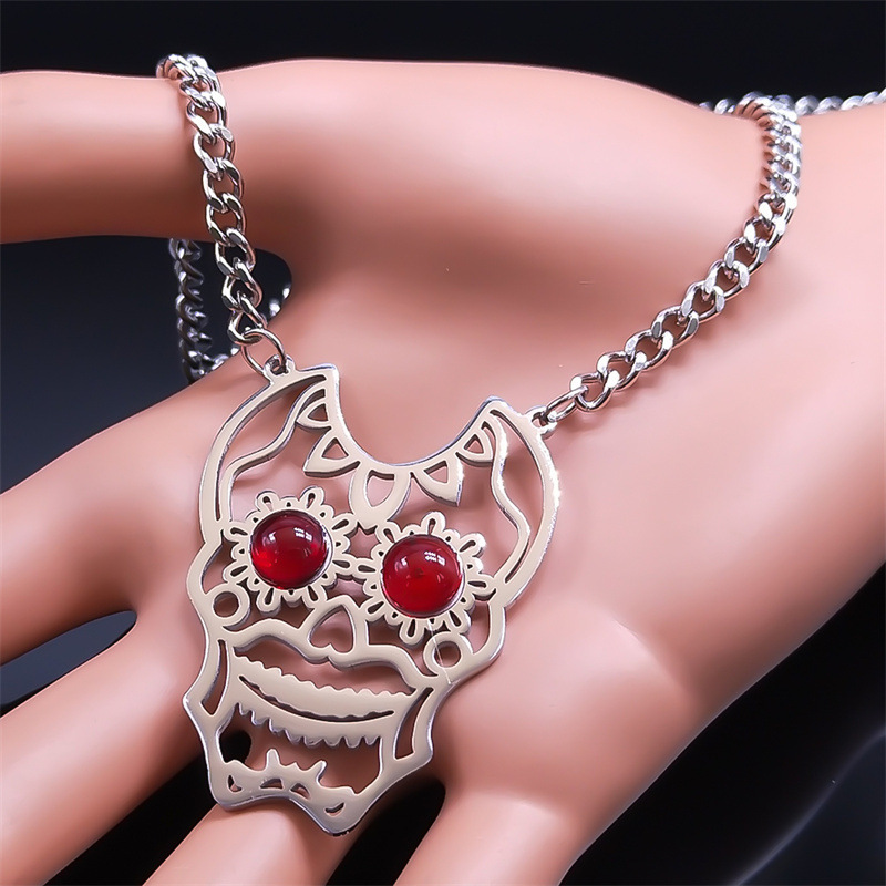 Stainless Steel Hollow Skull Necklace Natural Gemstone Cabs Pendant With 50CM Chain