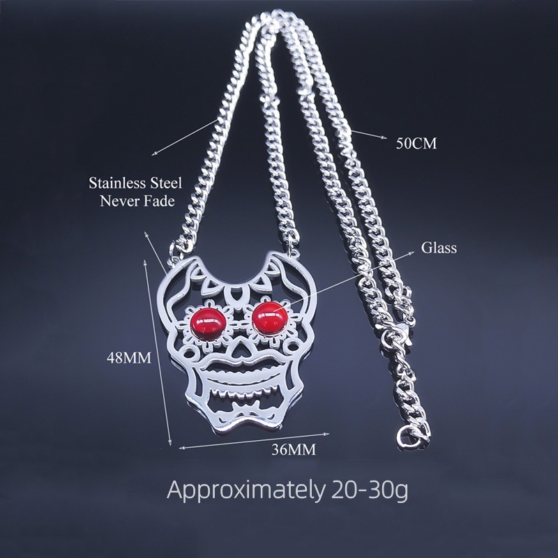Stainless Steel Hollow Skull Necklace Natural Gemstone Cabs Pendant With 50CM Chain