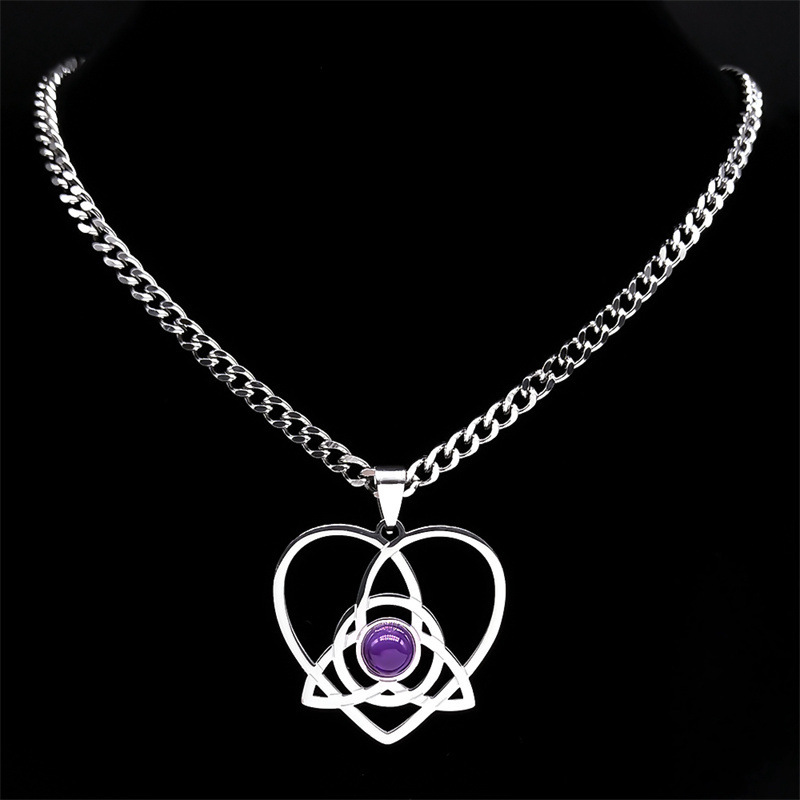 Stainless Steel Heart Necklace Natural Gemstone Cabs Pendant With 50CM Chain