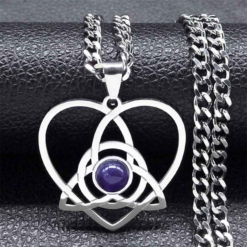 Stainless Steel Heart Necklace Natural Gemstone Cabs Pendant With 50CM Chain