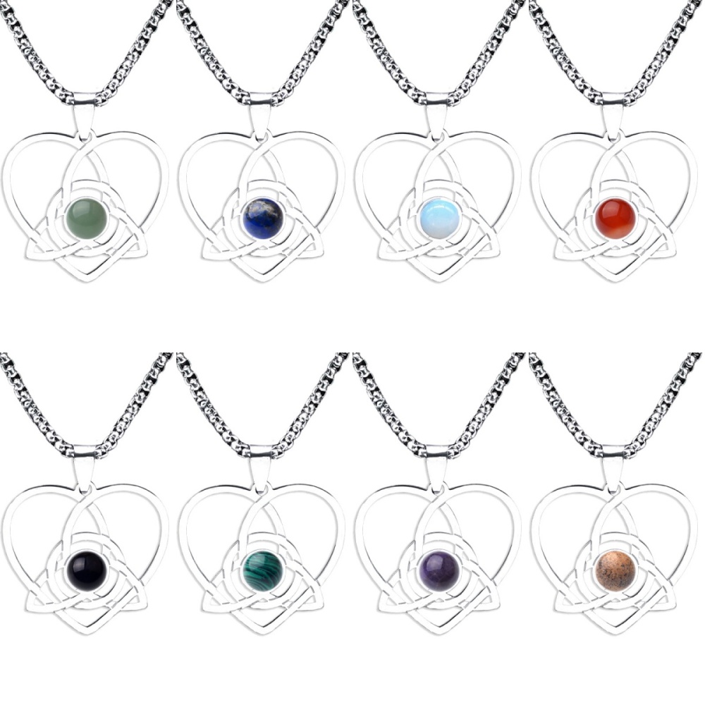 Stainless Steel Heart Necklace Natural Gemstone Cabs Pendant With 50CM Chain
