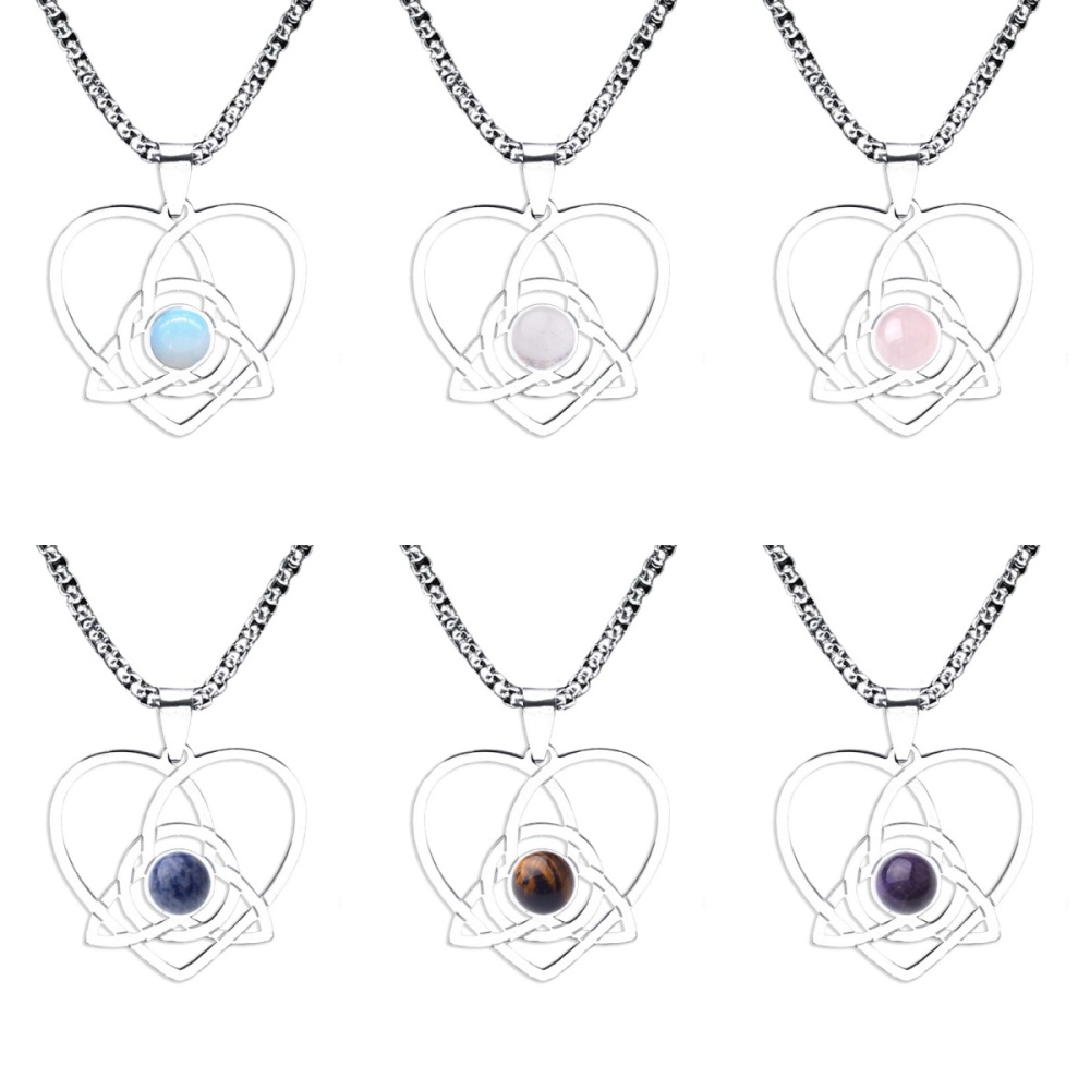 Stainless Steel Heart Necklace Natural Gemstone Cabs Pendant With 50CM Chain