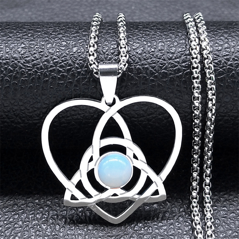 Stainless Steel Heart Necklace Natural Gemstone Cabs Pendant With 50CM Chain