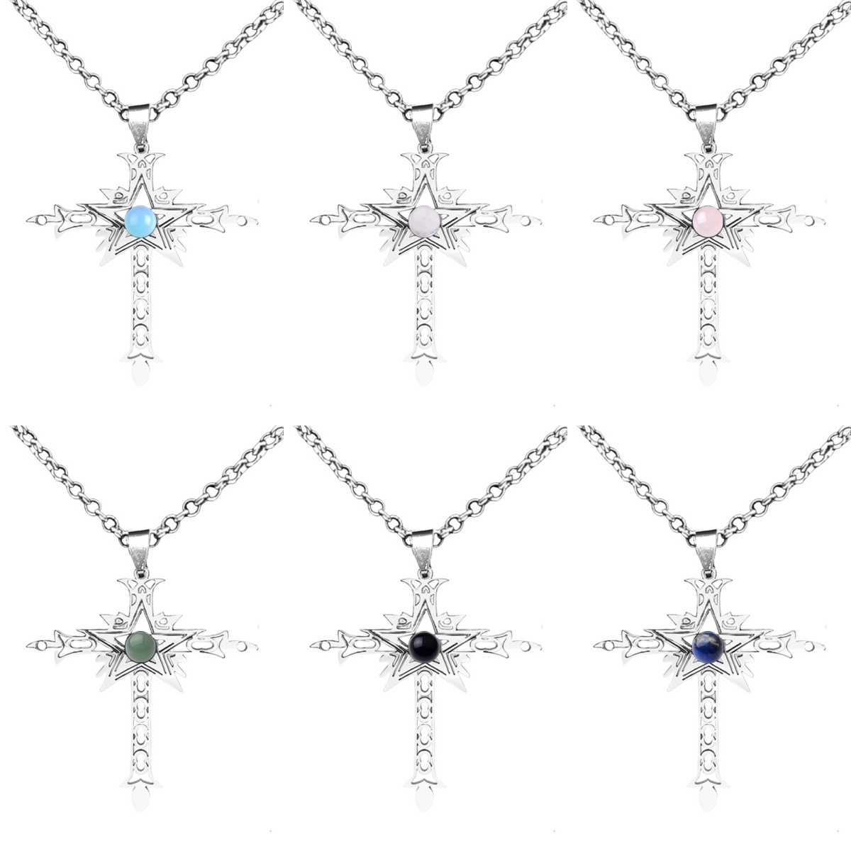 Stainless Steel Cross Necklace Natural Gemstone Cabs Pendant With 50CM Chain