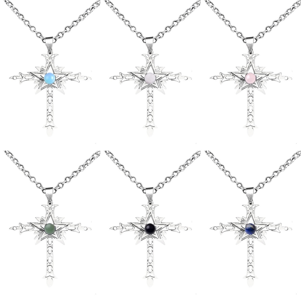 Stainless Steel Cross Necklace Natural Gemstone Cabs Pendant With 50CM Chain