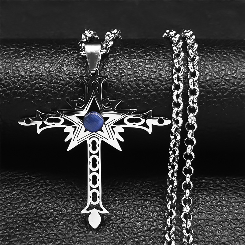 Stainless Steel Cross Necklace Natural Gemstone Cabs Pendant With 50CM Chain