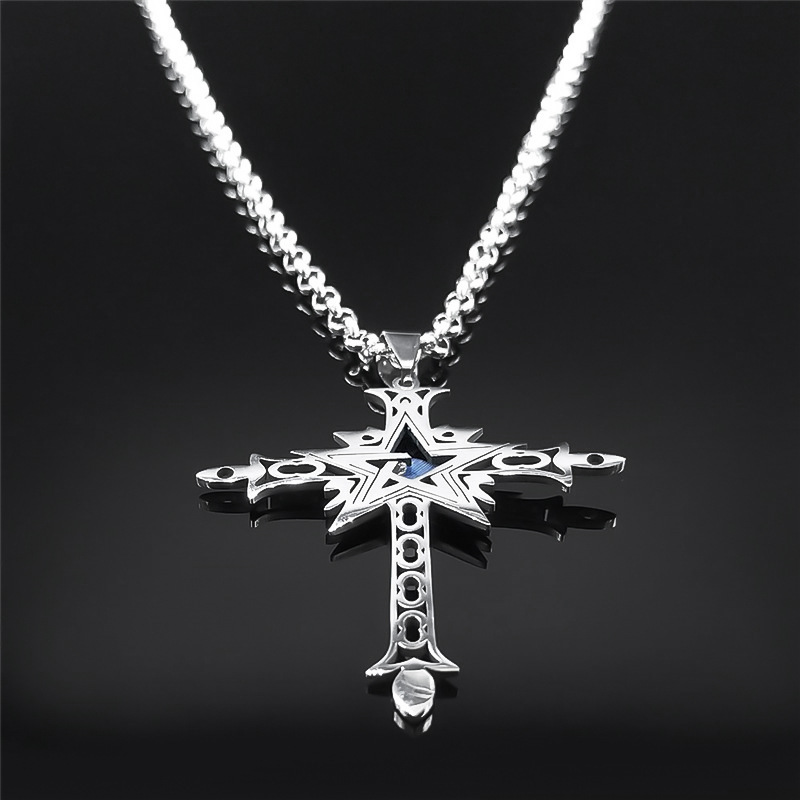 Stainless Steel Cross Necklace Natural Gemstone Cabs Pendant With 50CM Chain
