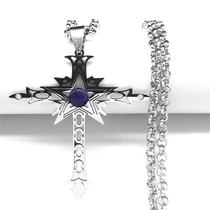 Stainless Steel Cross Necklace Natural Gemstone Cabs Pendant With 50CM Chain