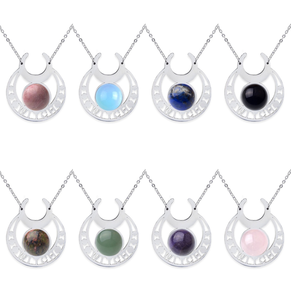 Stainless Steel Moon Necklace Natural Gemstone Cabs Pendant With 50CM Chain