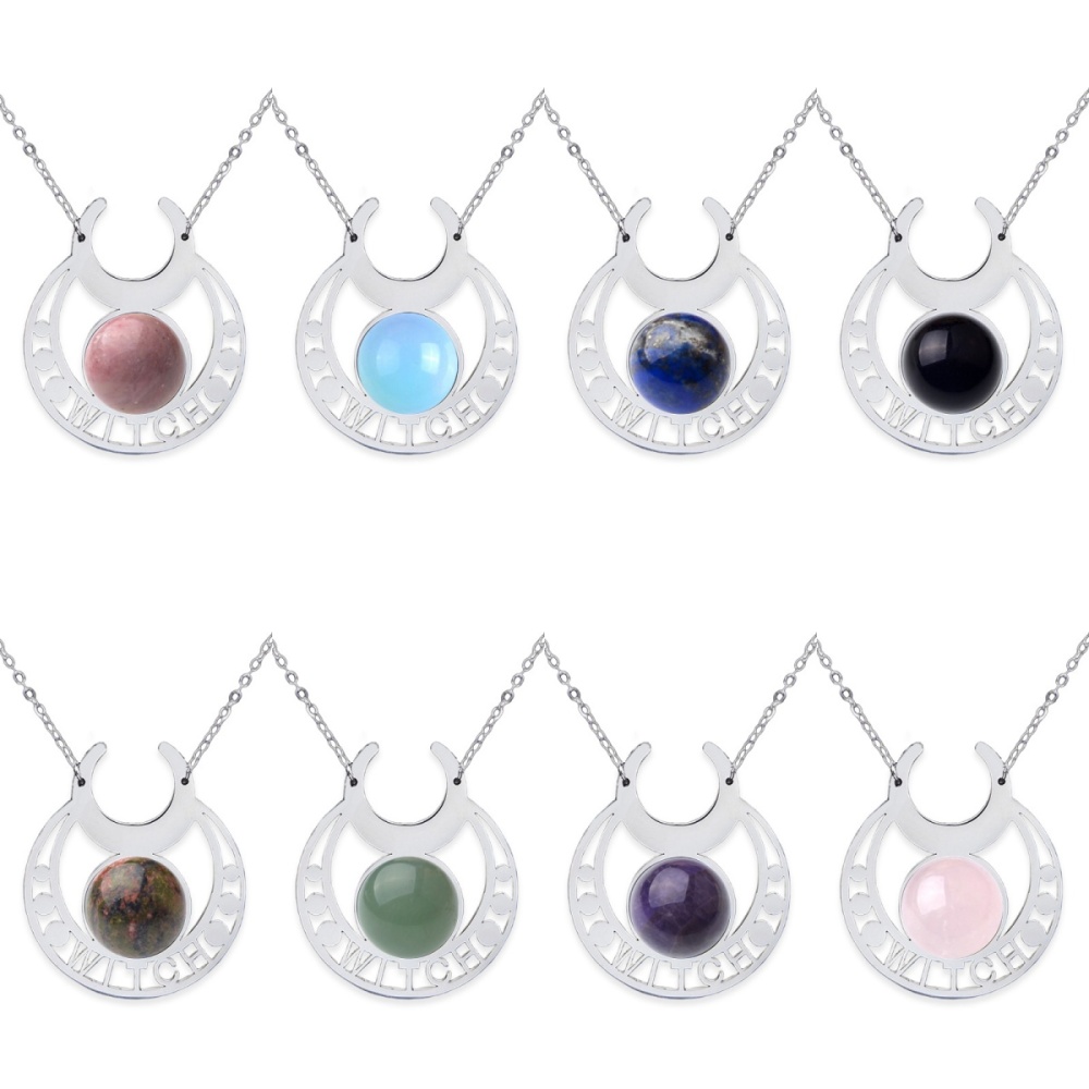 Stainless Steel Moon Necklace Natural Gemstone Cabs Pendant With 50CM Chain