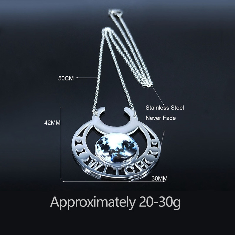 Stainless Steel Moon Necklace Natural Gemstone Cabs Pendant With 50CM Chain