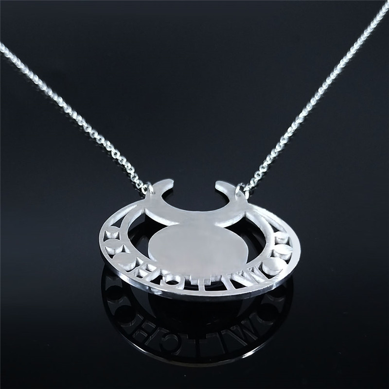Stainless Steel Moon Necklace Natural Gemstone Cabs Pendant With 50CM Chain