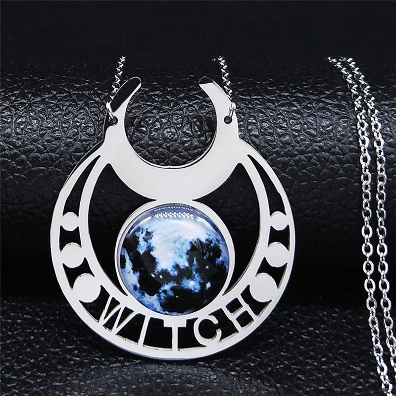 Stainless Steel Moon Necklace Natural Gemstone Cabs Pendant With 50CM Chain