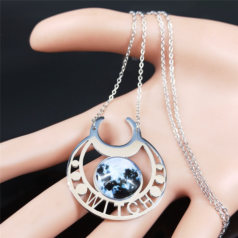 Stainless Steel Moon Necklace Natural Gemstone Cabs Pendant With 50CM Chain