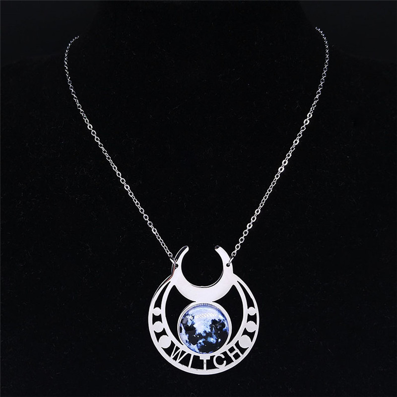 Stainless Steel Moon Necklace Natural Gemstone Cabs Pendant With 50CM Chain