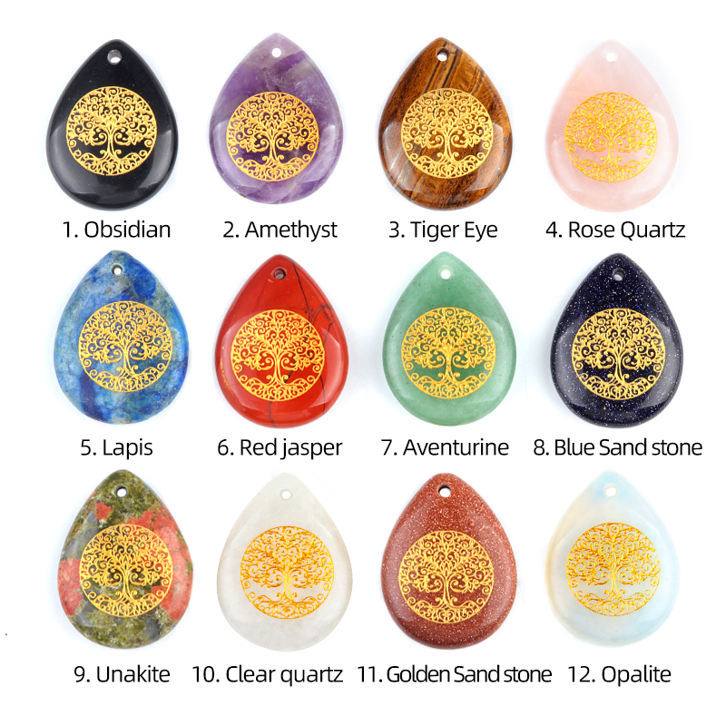 Gold Life of Tree Teardrop Gemstone Pendant for Making Jewelry