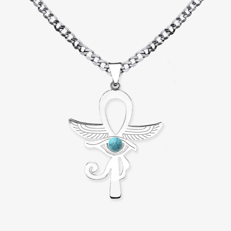 Stainless Steel Horus Eye Necklace Natural Gemstone Cabs Pendant With 50CM Chain